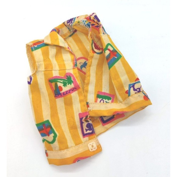 Vintage Barbie Doll Shirt Top Vacation Scenes Yellow Stripe Collar Mattel Doll - Picture 1 of 3